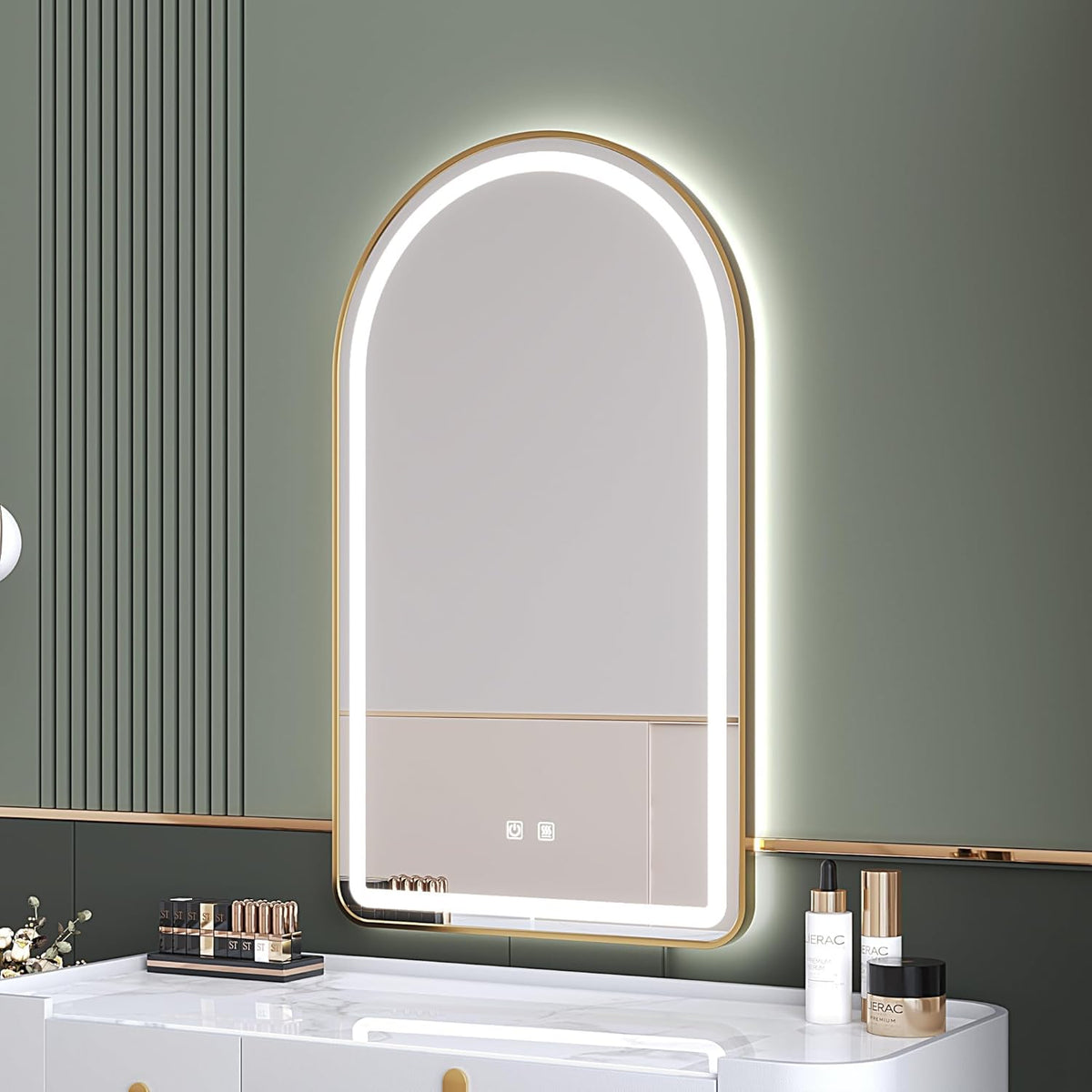 24x36 inch Gold Tempered Glass LED Arched Mirror