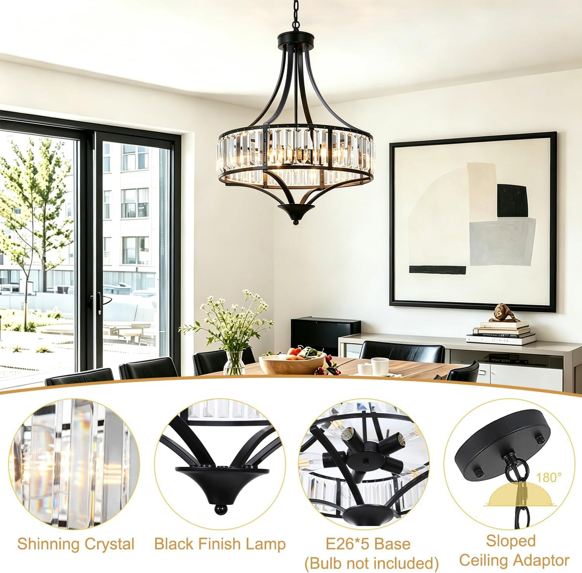 5-Light Black Crystal Chandelier, Modern Farmhouse Dining Room Light Fixture ...