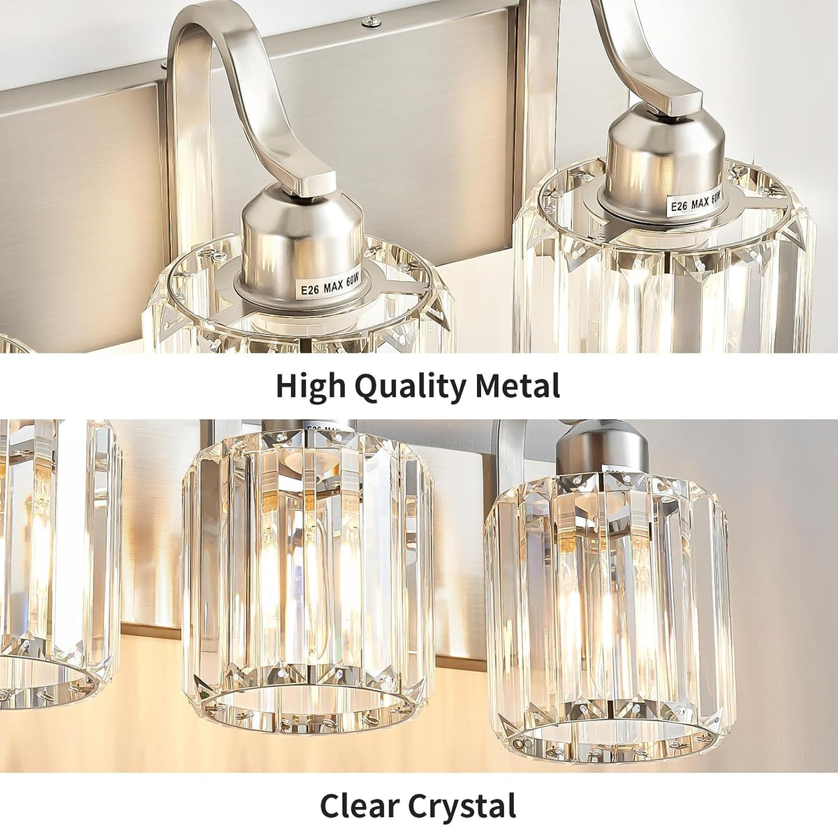 Modern Vanity Light 3-Lights Brushed Nickel Vanity Light Crystal Bathroom Wal...
