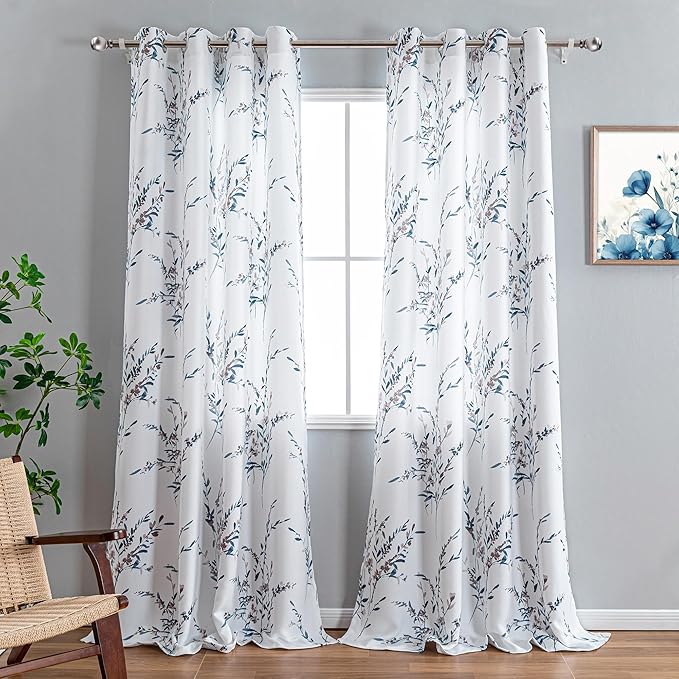 MYSKY HOME 90 inch Curtains for Living Room Floral Curtains Light Filtering