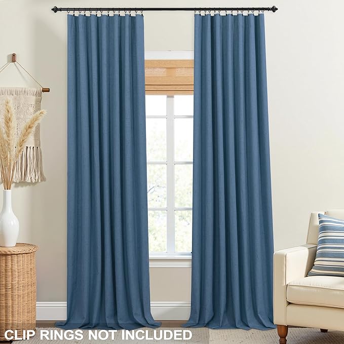 KOUFALL 108 Inch Curtains Blackout 9FT Long Black Out Linen Denim Slate Blue