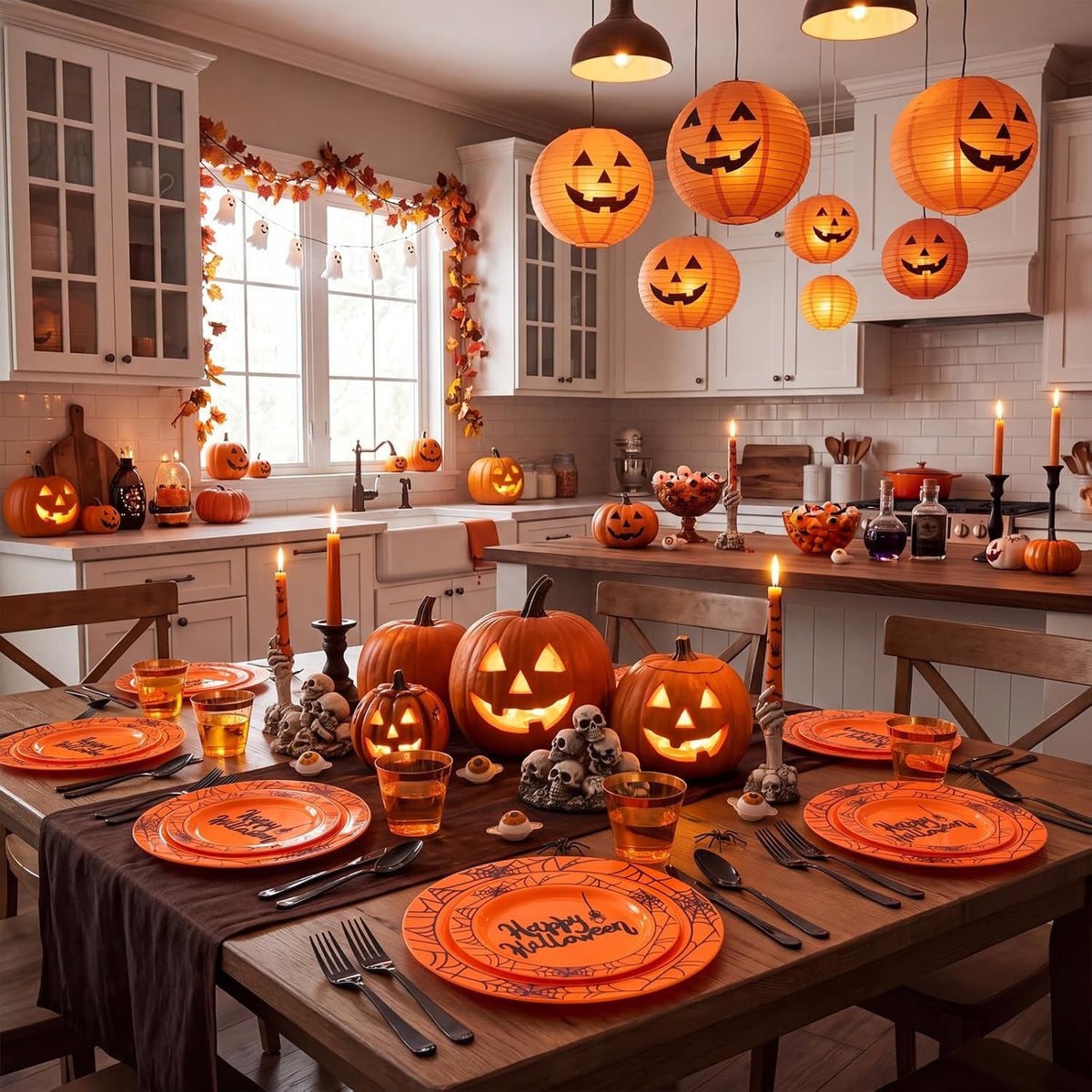 supernal 180 Pcs Orange and Black Halloween Plastic Dinnerware Set for 30