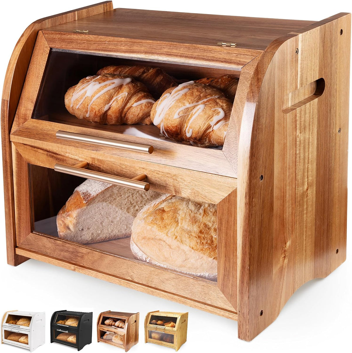 Arise Acacia Wooden Bread Box for Kitchen Countertop, Extra Large 2-Shelf