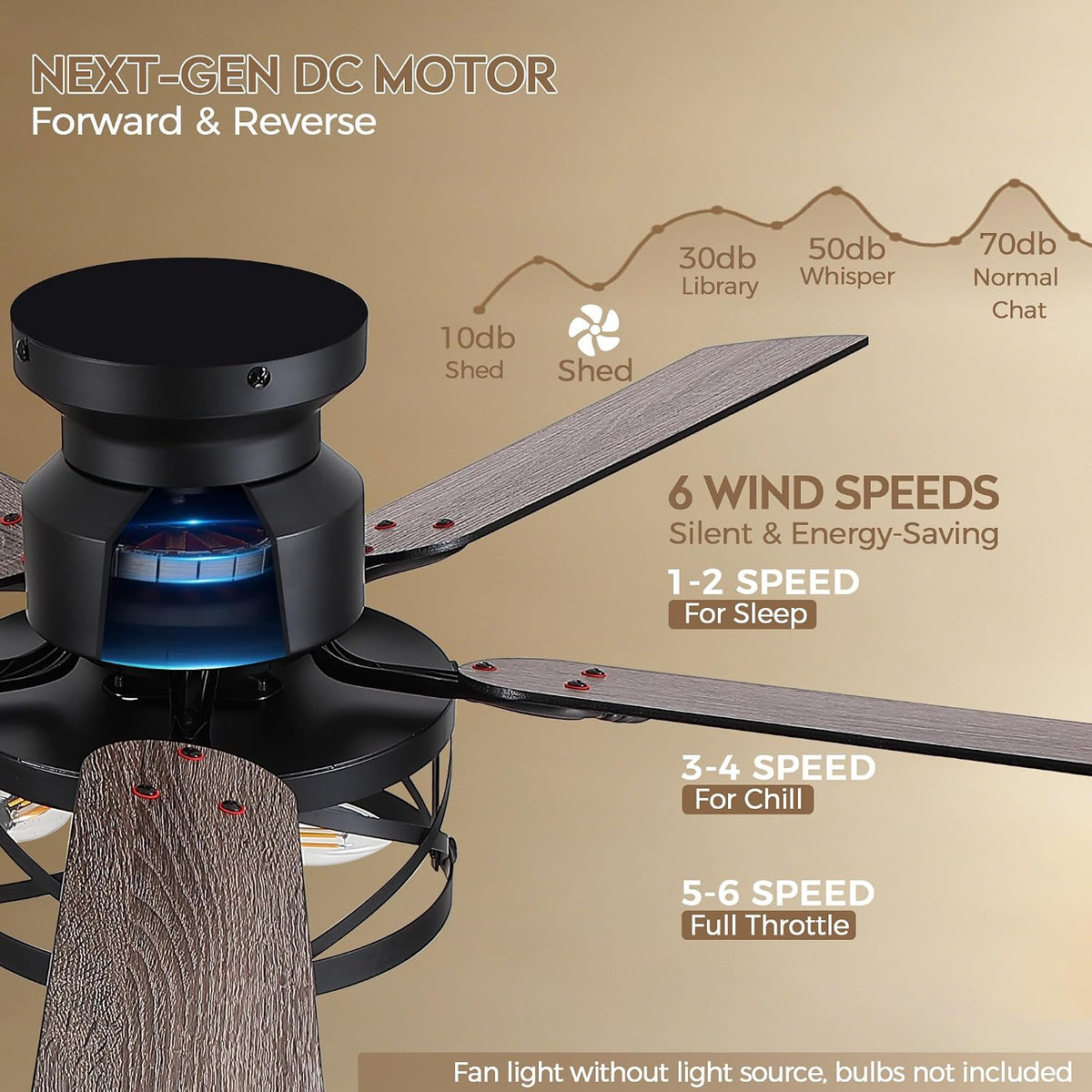 JSAITEE 52in Flush Mount Farmhouse Ceiling Fan with Lights, Caged