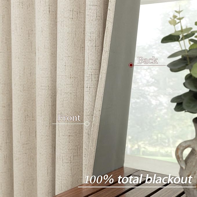 KOUFALL 102 Inches Long Curtains, Linen Blackout Light Beige Boho Back Tab