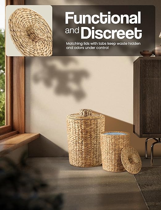 Set of 2 Wicker Trash Can with Lid