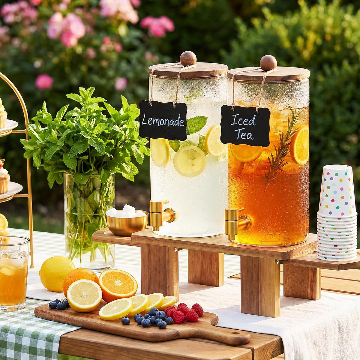 2 Pcs 1.5 Gallon Glass Drink Dispenser with Wood Stand & Pull-Out Cup Stand