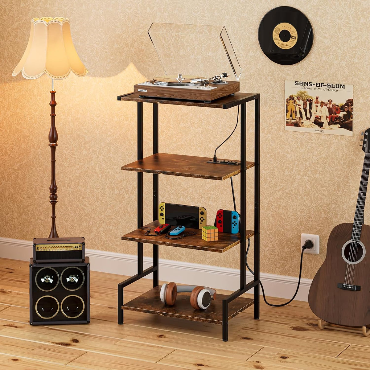 Arbuxzuy 4-Tier AV Media Stand with Power Outlet & LED Lights