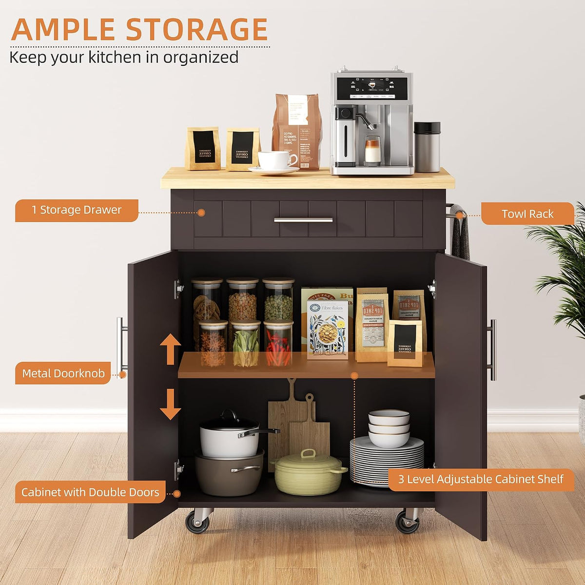 Shintenchi Kitchen Island Cart with Storage, Rolling Microwave Table