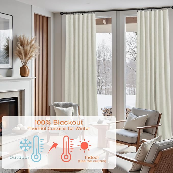 KOUFALL 100 Inch Curtains Long, 52 in Wide, Cream Ivory