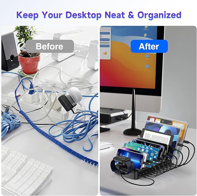285W Charging Station for Multiple Devices, 10 Ports Fast Multi-Device Charger