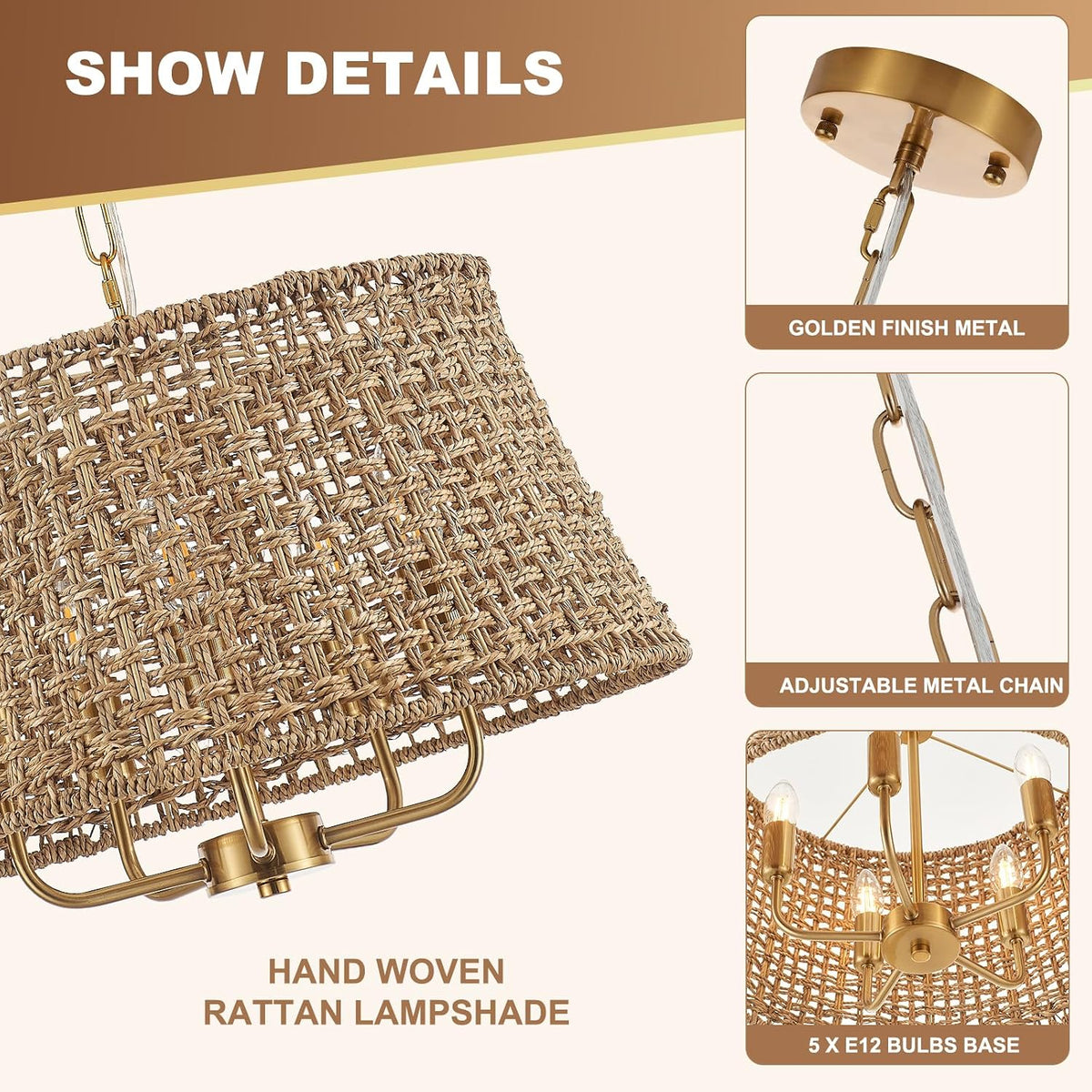 19.7" Boho Rattan Chandelier, 5-Light Gold Wicker Light Fixture