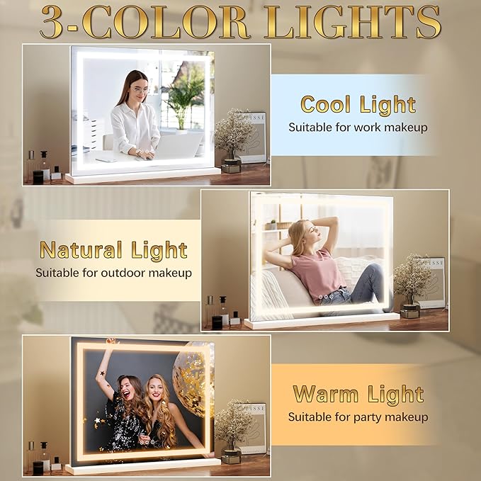 ROLOVE 23x18 Inch Lighted Vanity Mirror, 3-Color Dimmable LED & Touch Con...