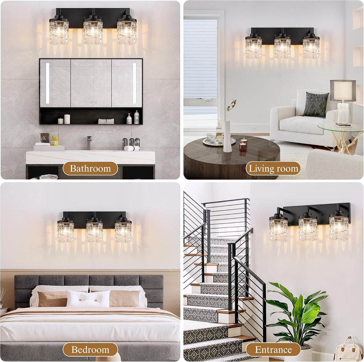 3 Light Black Bathroom Vanity Light, Modern Crystal Glass Light Over Mirror