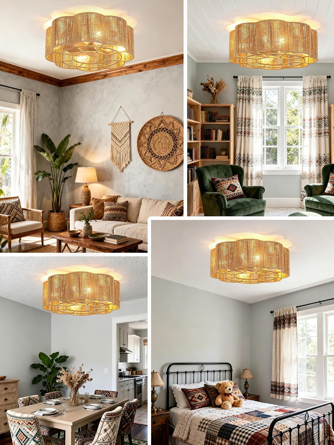 20" Rattan Fandelier Boho Caged Ceiling Fan with Lights Low Profile