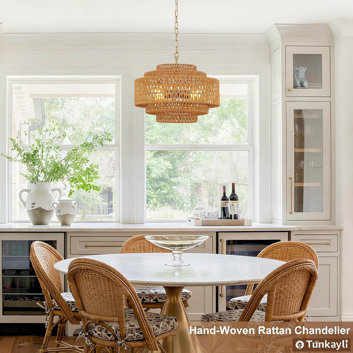 19.68" Gold Rattan Chandelier, 5-Tier Handwoven Wicker Fixture
