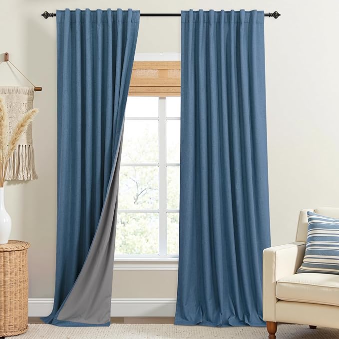KOUFALL 108 Inch Curtains Blackout 9FT Long Black Out Linen Denim Slate Blue