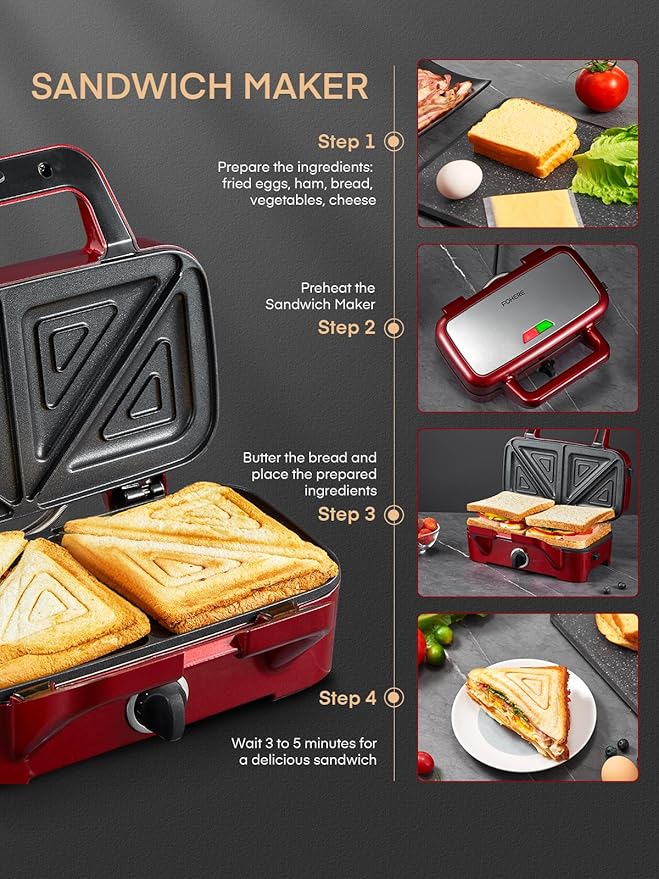 FOHERE Waffle Maker 3 in 1 Sandwich Maker 1200W Panini Press