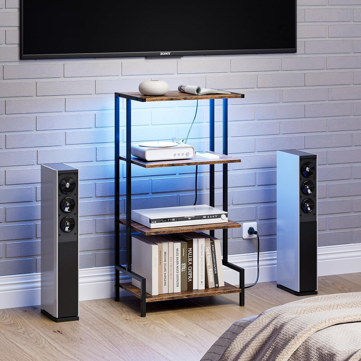 Arbuxzuy 4-Tier AV Media Stand with Power Outlet & LED Lights