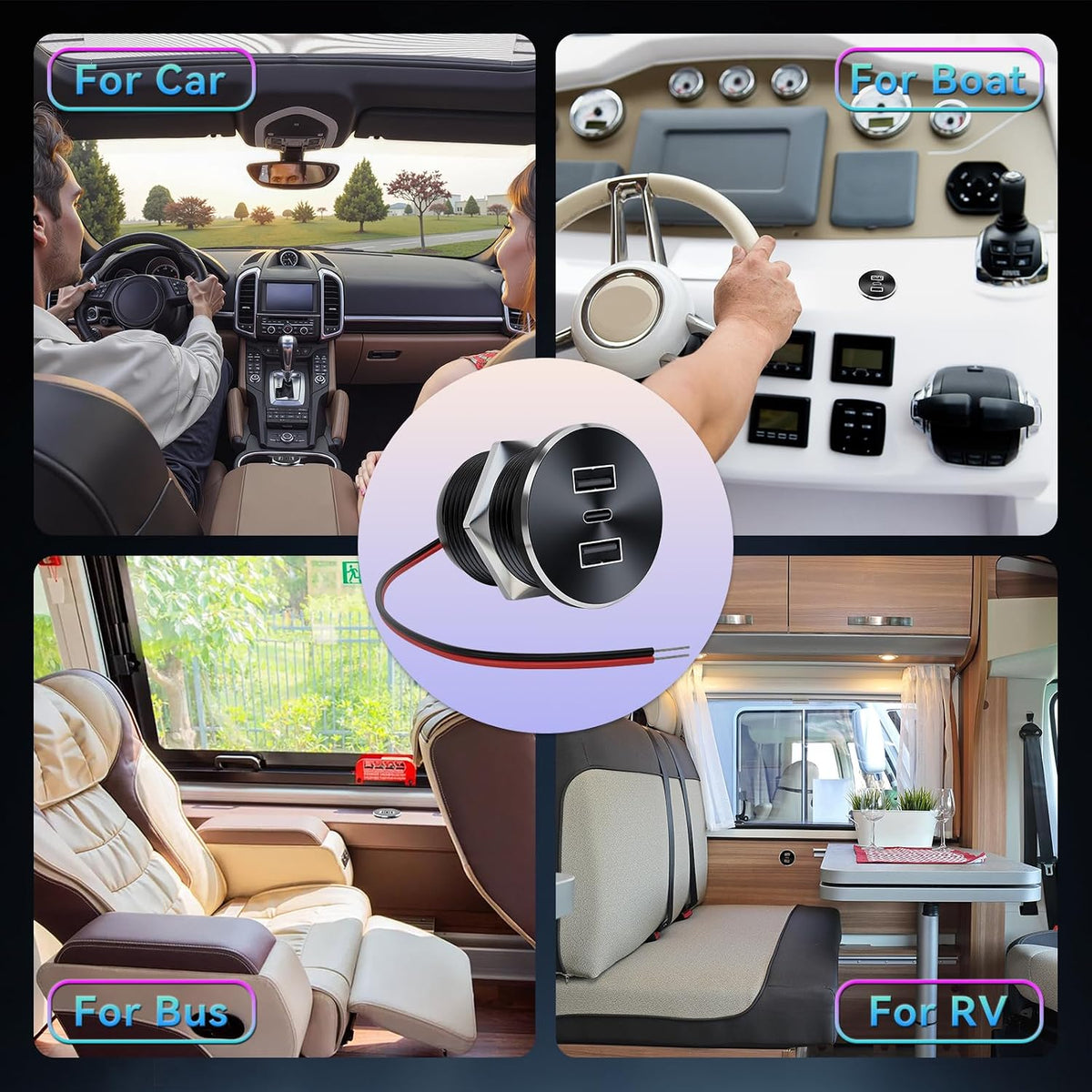 4PCS 72W RV USB Outlet All-Aluminum 12V/24V 3 Ports Recessed Mount