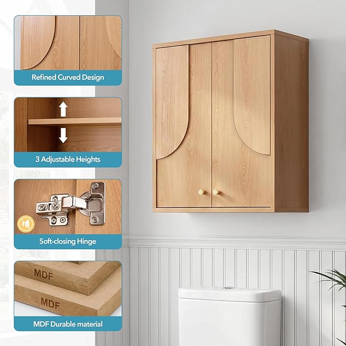 Arched Wood Medicine Cabinet for Bathroom-Mid Century Modern Wall Storage
