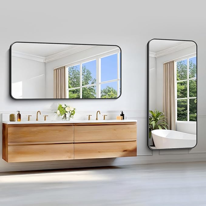 Black Bathroom Mirror, 66x30 inch Aluminum Metal Frame Rectangular Vanity Mirror