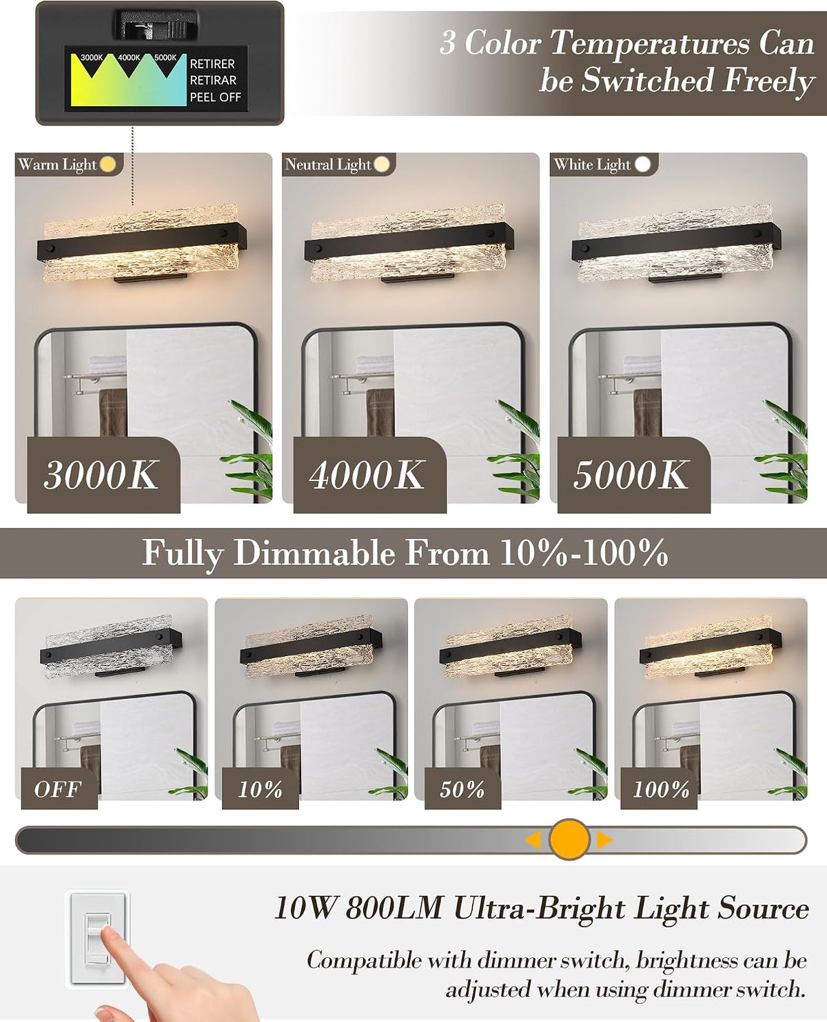 16.5" LED Bathroom Vanity Light, Matte Black, 3 CCT Dimmable