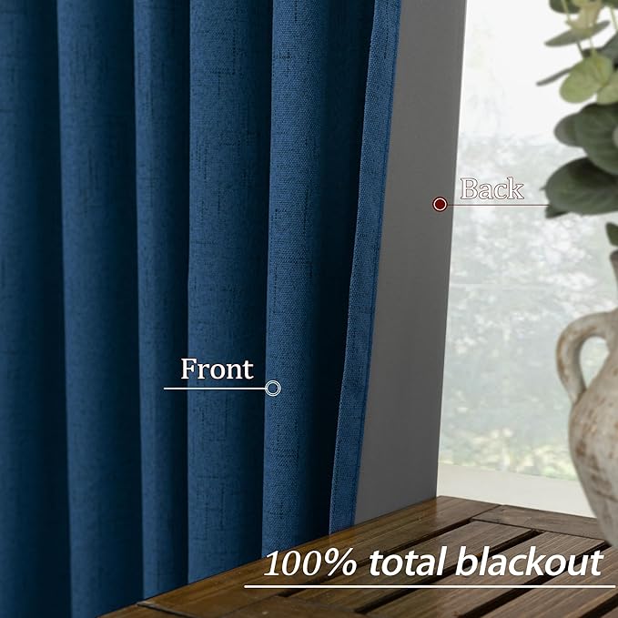 KOUFALL Navy Blue Linen Blackout Curtains 84 Inch Length, Dark Blue Thermal