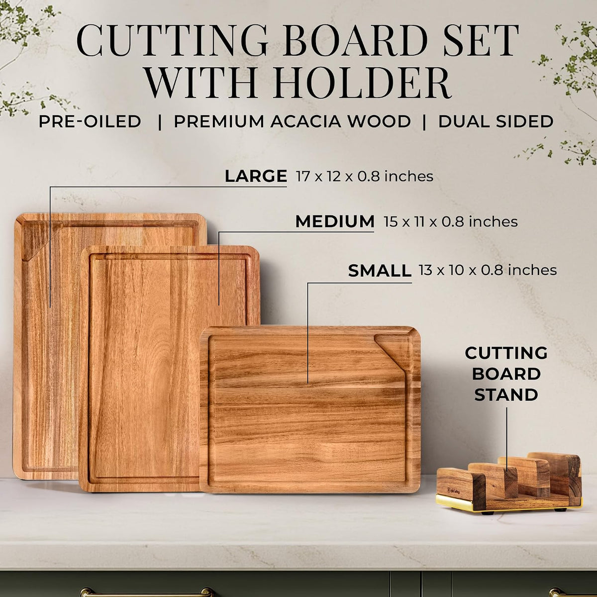 Styled Settings Wooden Cutting Board Set with Holder, 4-Piece, Gold