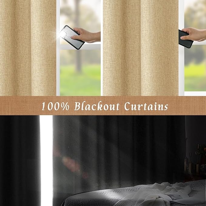 LAMIT Natural 100% Blackout Linen Curtains, 63 Inches Linen Textured Thermal