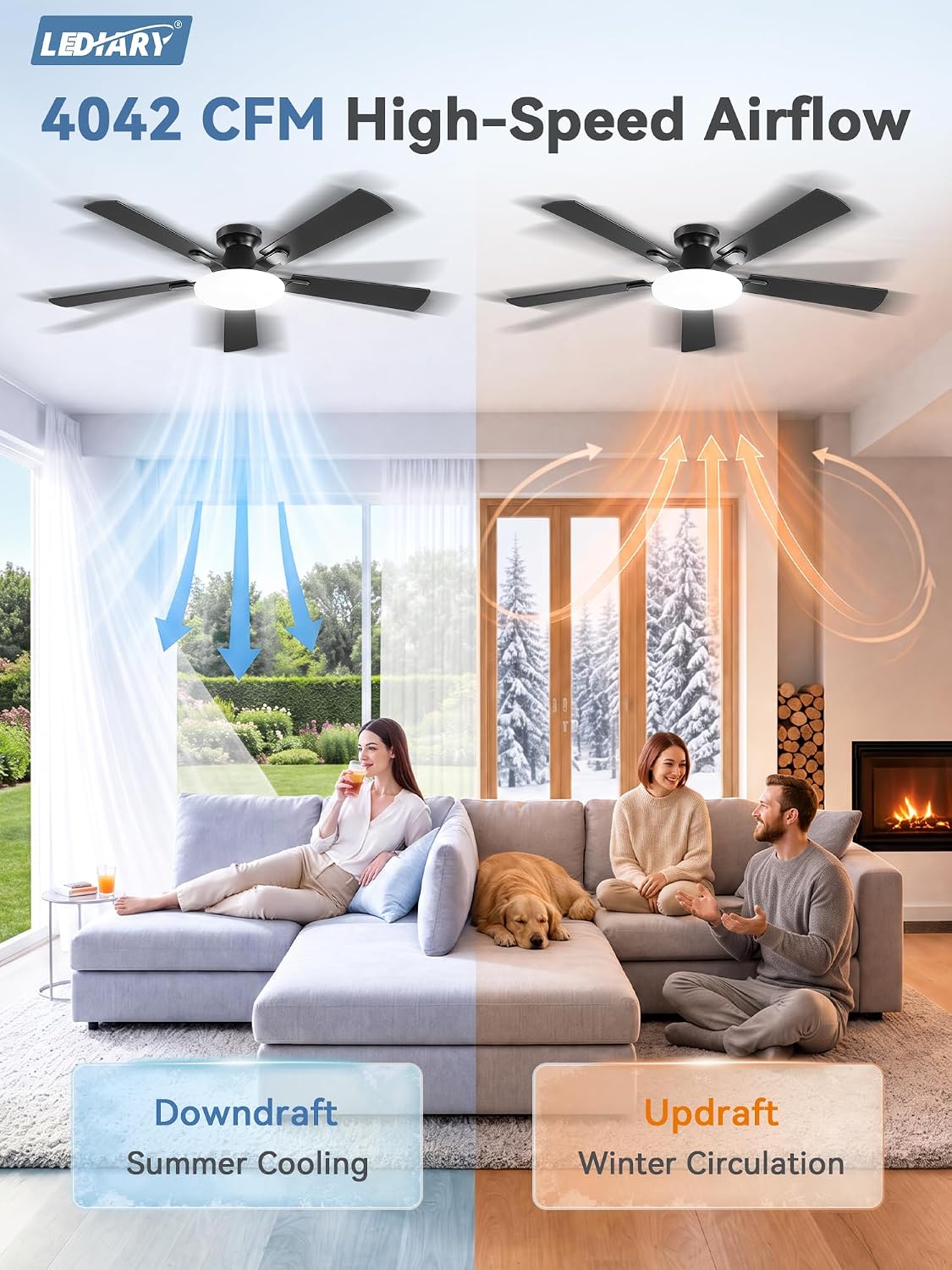 LEDIARY 52 Inch Flush Mount Ceiling Fans with Lights, Remote & APP Control