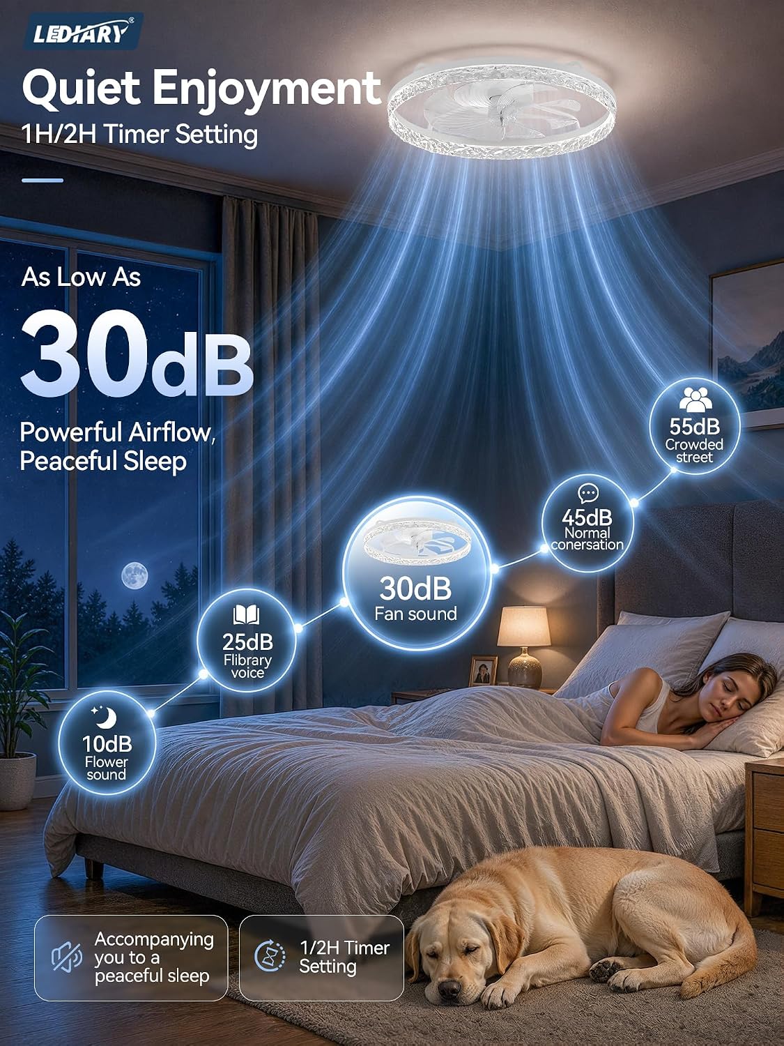 LEDIARY 24" Low Profile Ceiling Fans with Light and Remote, Fandelier White