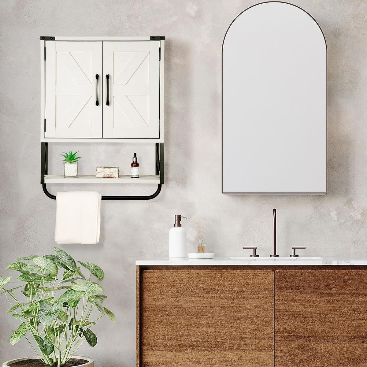 RUSTOWN Farmhouse Medicine Cabinet with 2 Barn Door & Towel Bar Rack