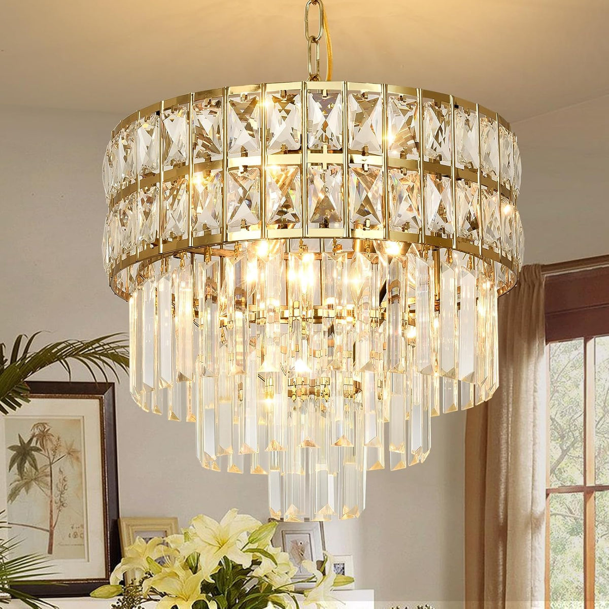 Modern Crystal Chandelier Gold Pendant, Round Crystal Light Fixture Hanging L...