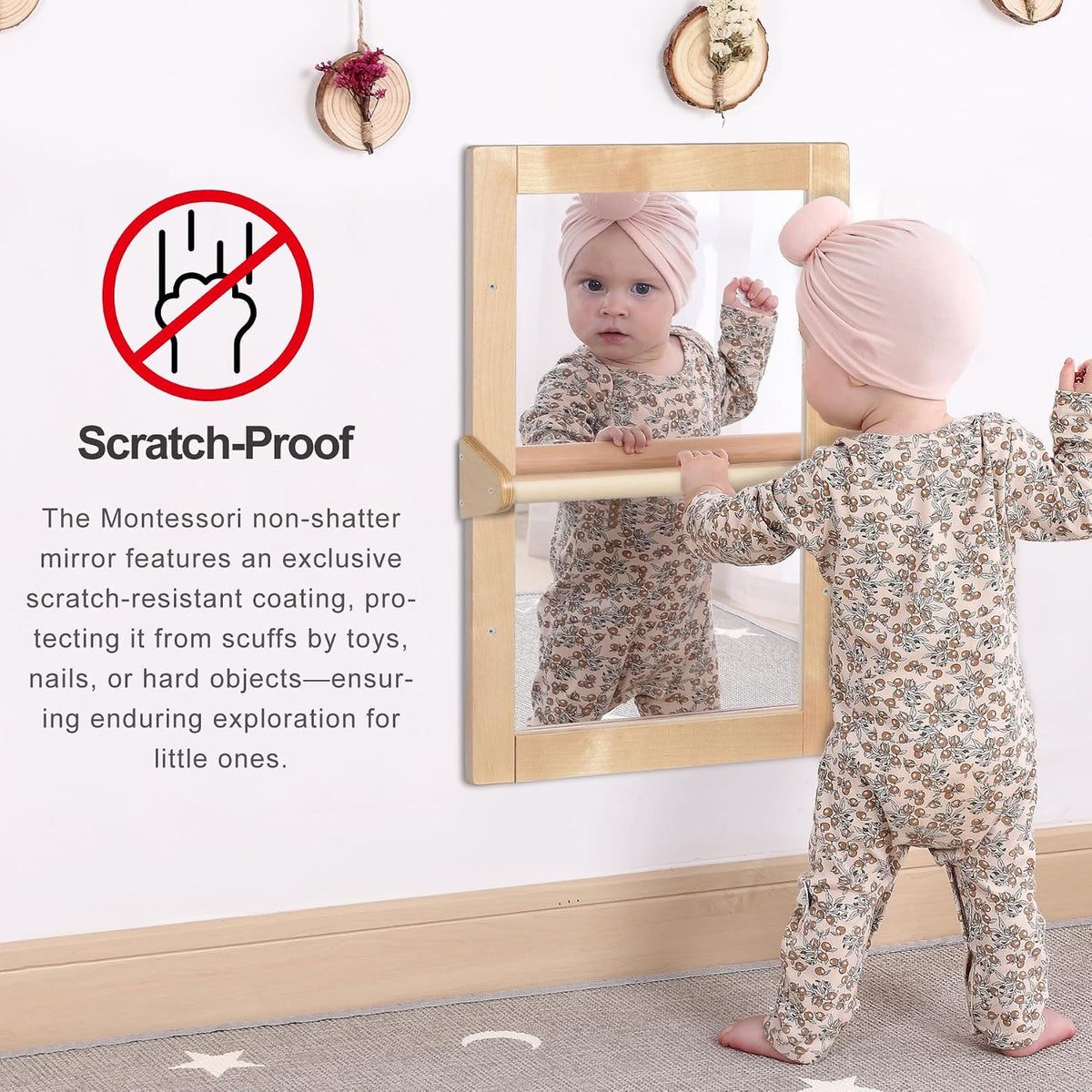 Baby Montessori Non-Shatter Sensory Safety Mirror w/ 2 Pull Up Bars | Exquisi...