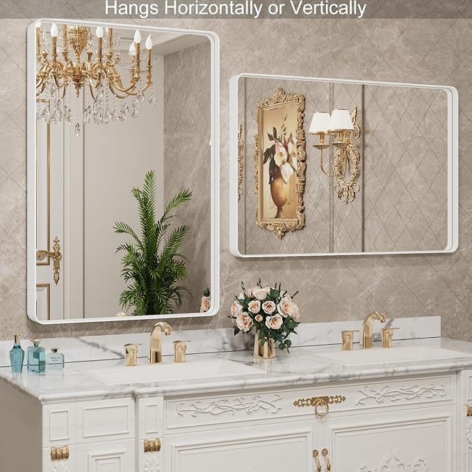 LOAAO 24x36 Inch White Metal Framed Bathroom Mirror