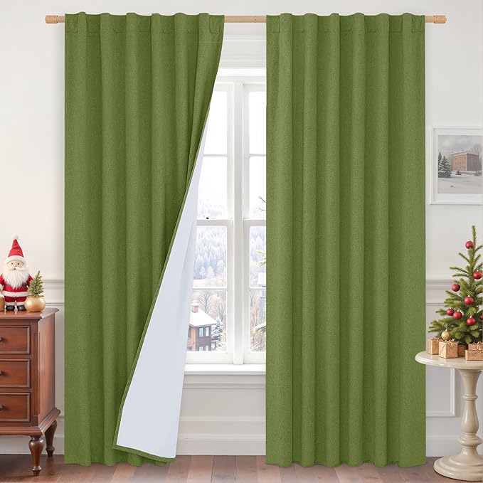 LAMIT Olive Green 100% Blackout Linen Curtains, 84 Inch Linen Textured Living