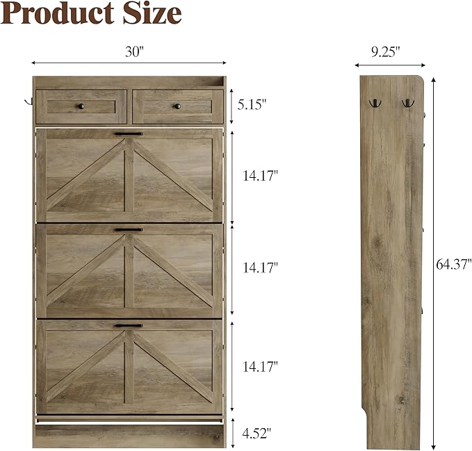Shoe Cabinet with 3 Flip Drawers & 2 Storage Drawers, Rustic Farmhouse Na...