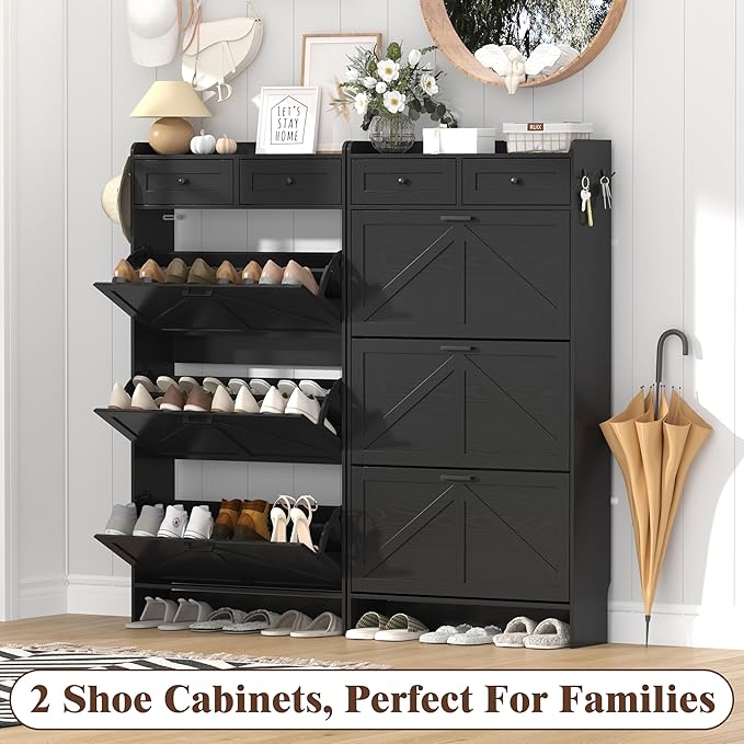 Shoe Cabinet with 3 Flip Drawers & 2 Storage Drawers, Rustic Farmhouse Na...