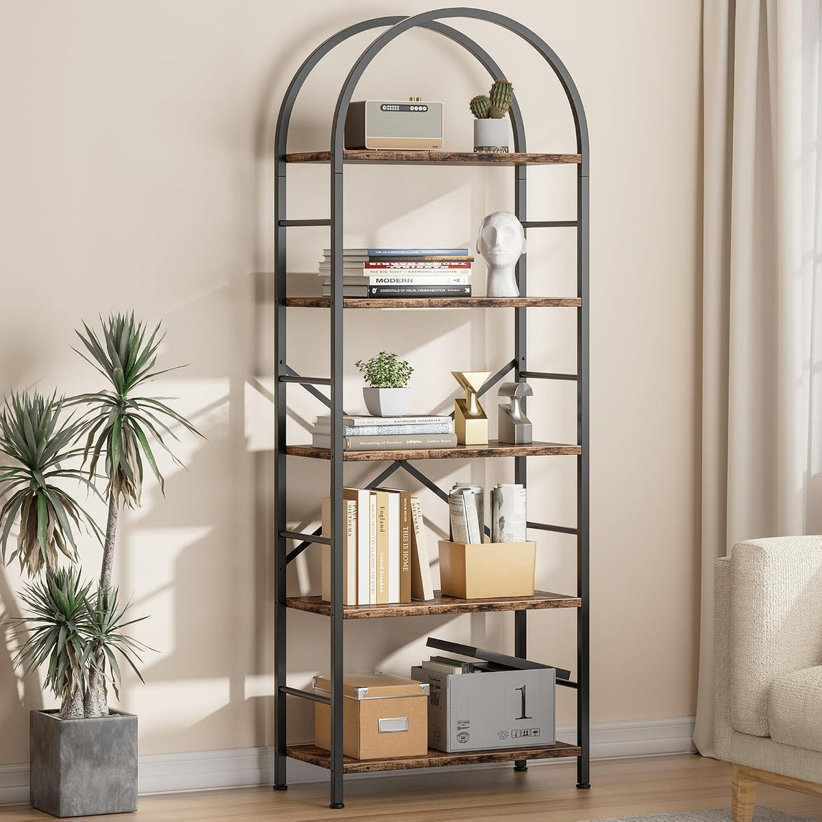 Shintenchi Arched 5 Tier Bookshelf, Brown Open Storage Bookcase