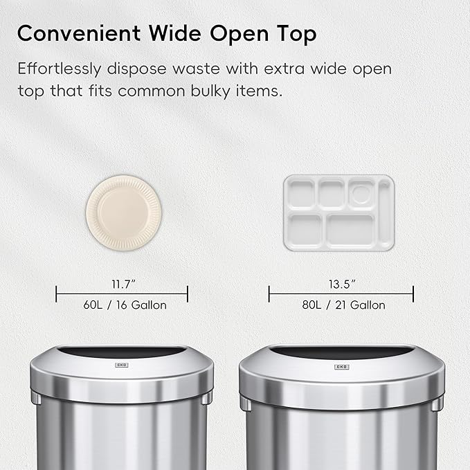 EKO Urban 16 Gallon Semi-Round Open Top Waste Bin, Stainless Steel Half Round