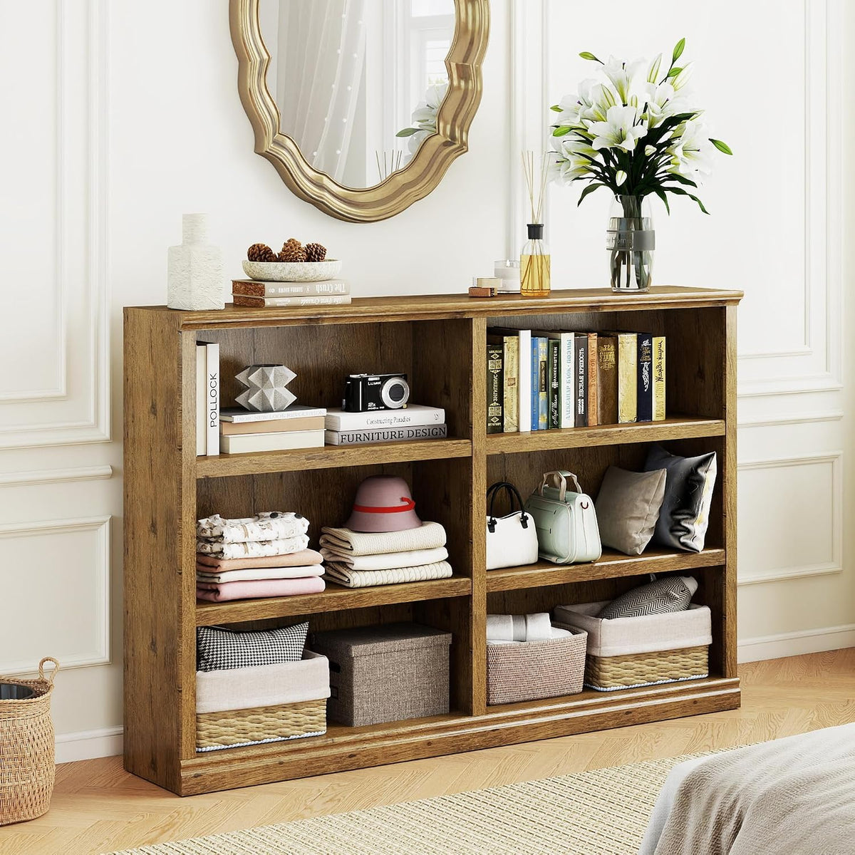 64" W Double Wide Horizontal Bookshelf, 3 Tiers 6 Storage Cube Book Case