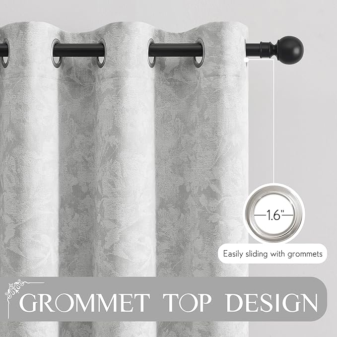 Beauoop Grey Floral Jacquard Blackout Curtains 96 Inches Long 2 Panels