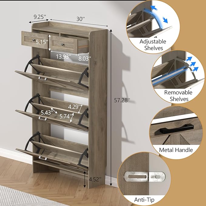 Shoe Cabinet with 3 Flip Drawers & 2 Storage Drawers, Rustic Farmhouse Na...