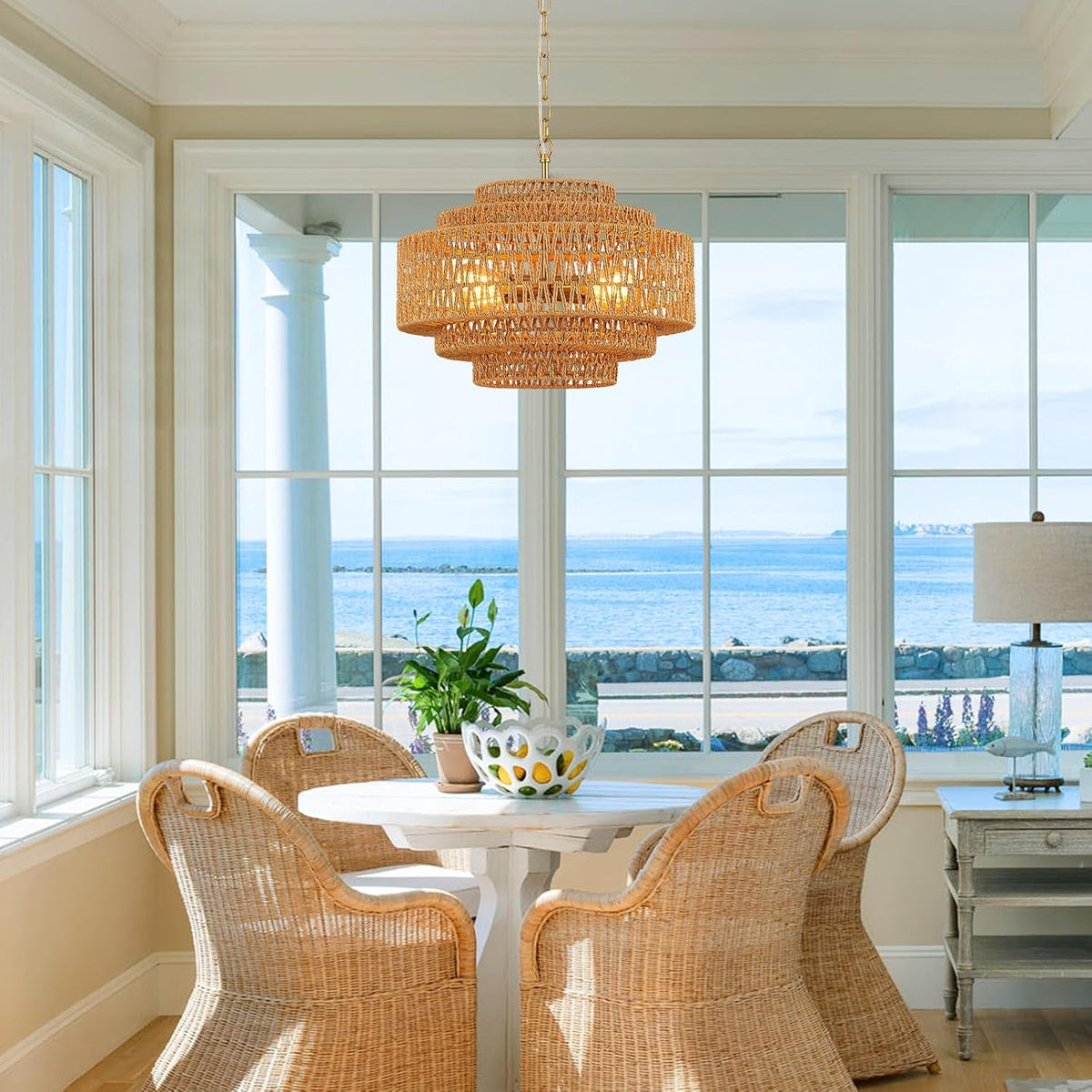 19.68" Gold Rattan Chandelier, 5-Tier Handwoven Wicker Fixture