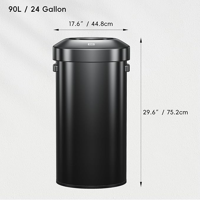 EKO Urban 24 Gallon Round Black Stainless Steel Open Top Waste Bin, Tall