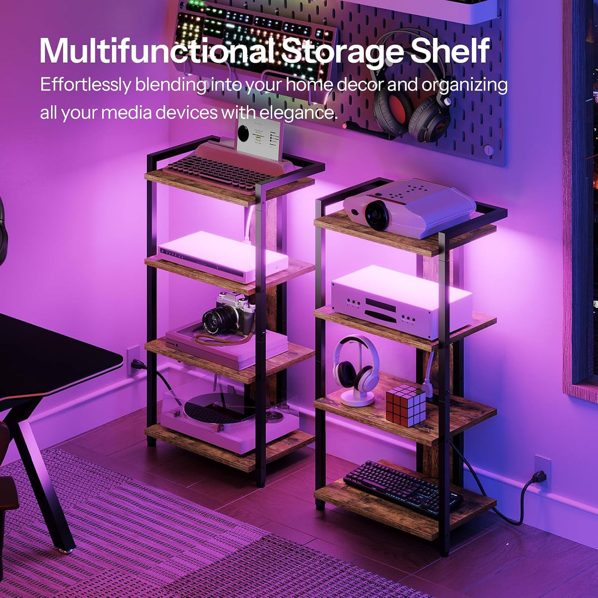 HOOBRO 4-Tier AV Media Stand, Media Console with Charging Station&LED Light