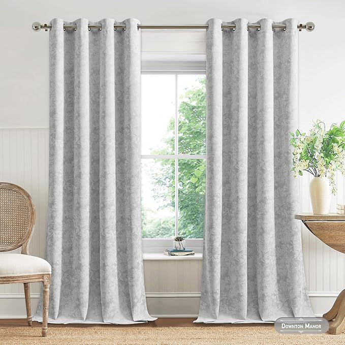 Beauoop Grey Floral Jacquard Blackout Curtains 96 Inches Long 2 Panels