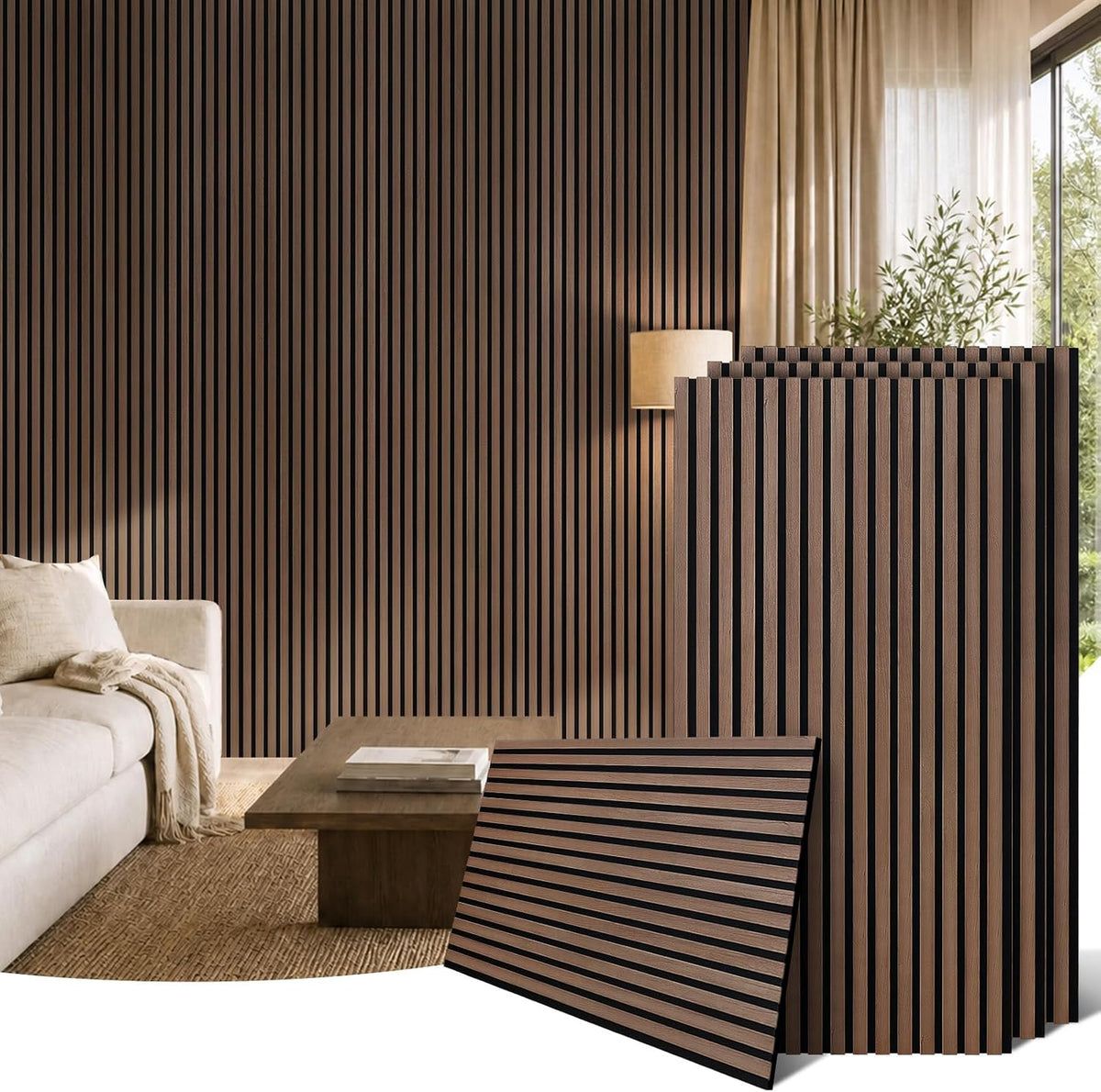 Acoustic Wood Slat Wall Panels, 4-Piece 47.2"x23.6" 31ft², 3D Flute...