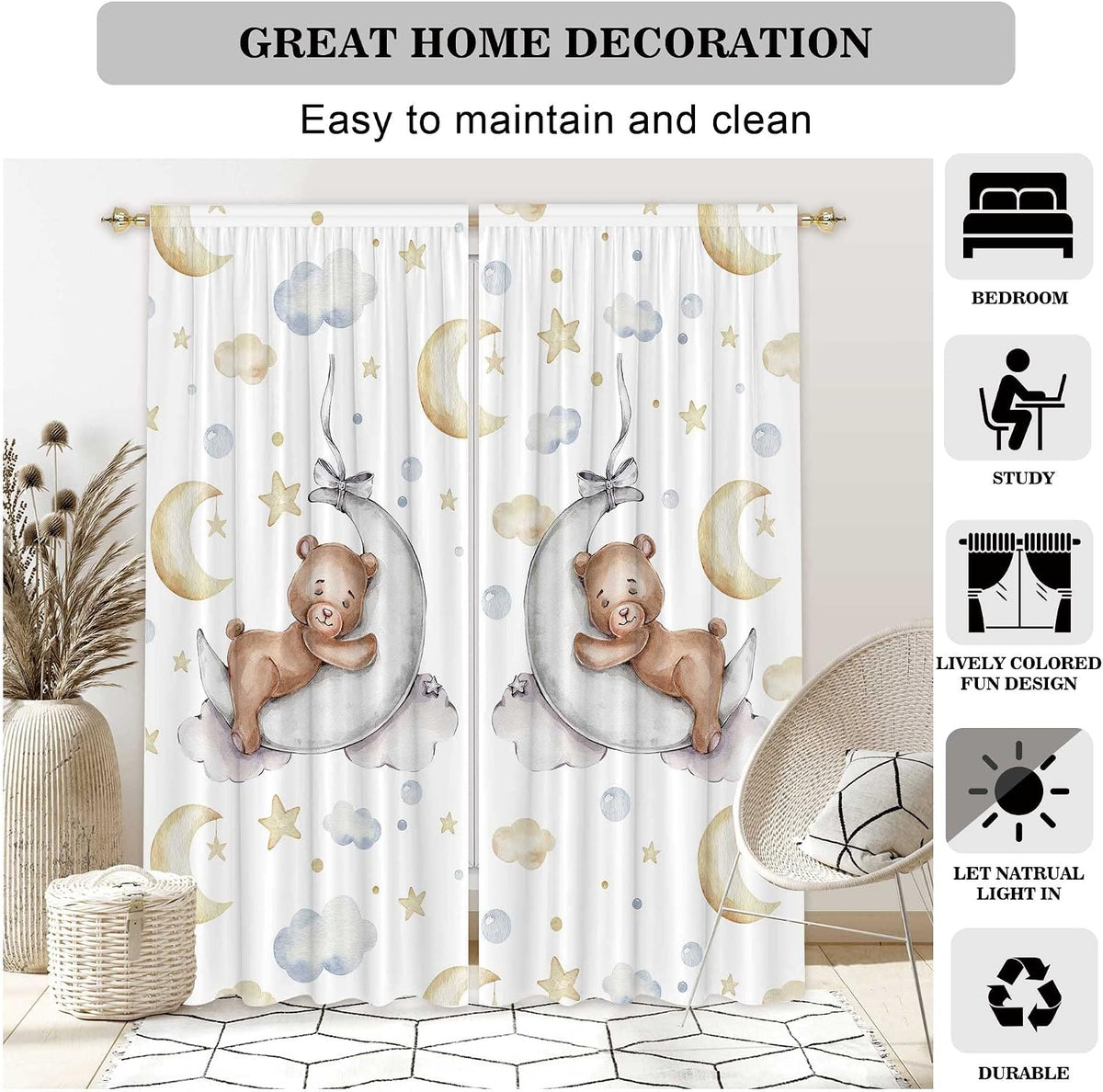 82" Wx 84" L Cartoon Lovely Bear Moon and Stars Window Curtains for...